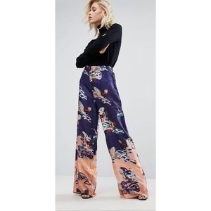 ASOS Silky Wide Leg Crane Print Trouser Pants